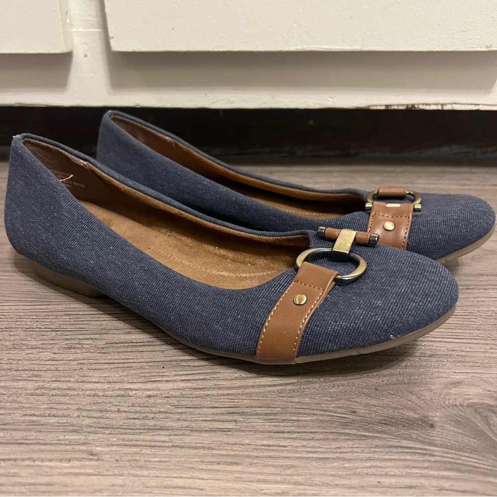 Aerosoles overwrite blue denim flats comfort office wear buckle womens sz 9.5
